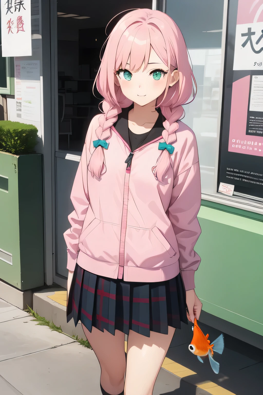 ((Best quality)), manga Stil, a girl with long hair in pink and jade green tied in two braids. She looks like a harlequin and wears a short checked pleated skirt in black and white, ihre Schuhe sind pink. In one arm she holds a large goldfish with a neon pink jacket, japanischer Mangastil
