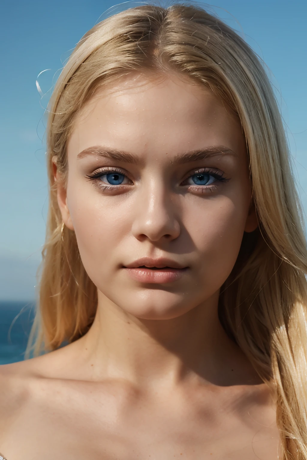 hyper realistic, Russian blonde woman face, 23 years old, sky blue eyes, high quality details