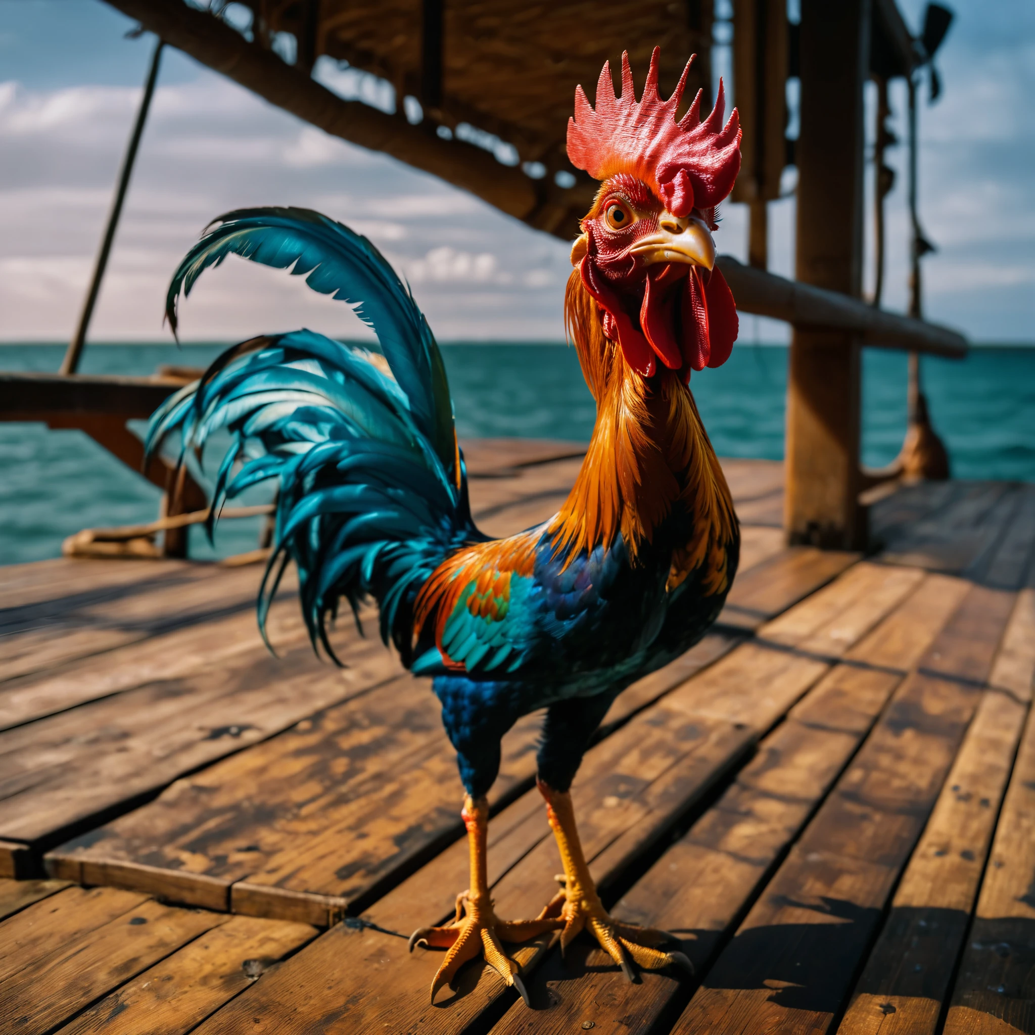 there is a rooster that is standing on a wooden dock, (highly detailed face:1.4) (smile:0.7) (background inside dark, moody, private study:1.3) POV, by lee jeffries, nikon d850, film stock photograph ,4 kodak portra 400 ,camera f1.6 lens ,rich colors ,hyper realistic ,lifelike texture, dramatic lighting , cinestill 800