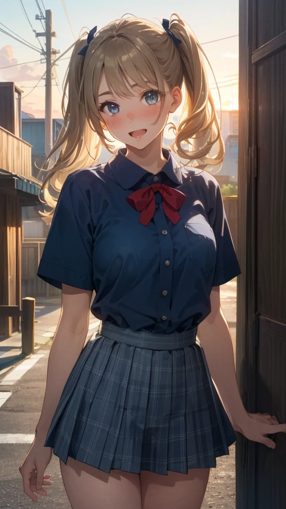 (masterpiece:1.3, highest quality, Ultra-high resolution, Super detailed), (Realistic:1.1, photoRealistic:1.4), Beautiful illustrations, Perfect lighting, colorful, Depth of written boundary,
View your viewers, 1 girl, solo, Japanese, high school girl, (Anatomically correct), Cute and symmetrical face, Baby Face, Sunburn, Shiny skin,
(Middle Hair:1.5, Twin tails:1.2, Blonde), Asymmetrical bangs, blue eyes, Long Eyelashes, (Medium chest),
((Collared short-sleeved shirt, Light blue shirt, Grey plaid pleated skirt, Navy them)), No panties, evening, (Outdoor, distant cityscape), Are standing, (Cute smile, Cheek blush、Upward glance, Open your mouth), (pussy:1.3),(nsfw:1.3)