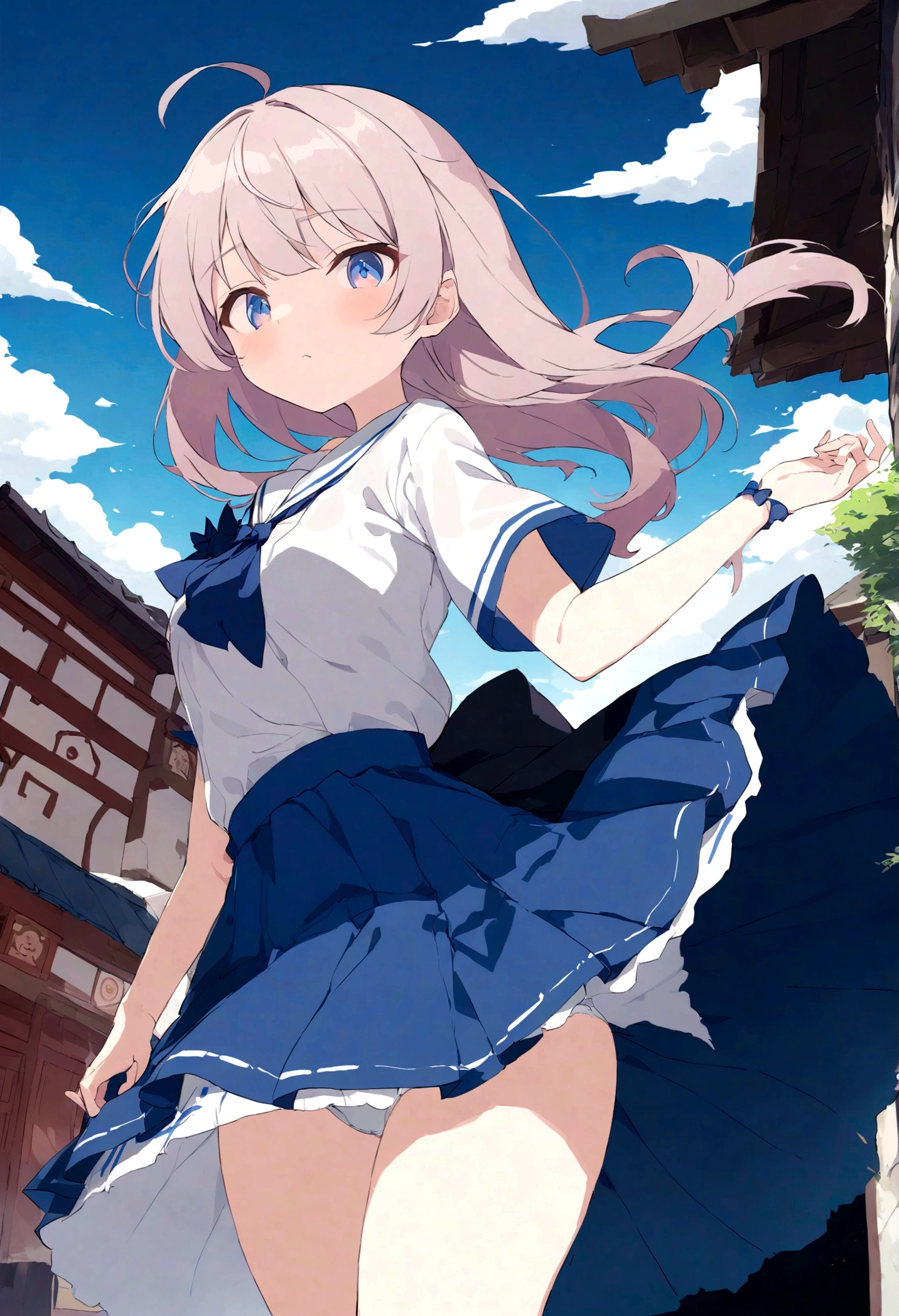 The strong wind is showing her white cotton panties、The strong wind is showing her white cotton panties、Kyoko Otonashi　Maison Ikkoku Low Angle、Long skirt、強風でHolding the flipping skirt with your hand、The strong wind is showing her white cotton panties、:((Holding the flipping skirt with your hand))