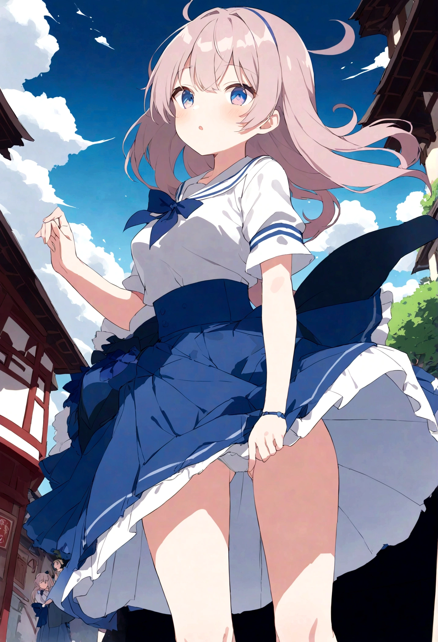 The strong wind is showing her white cotton panties、The strong wind is showing her white cotton panties、Kyoko Otonashi Maison Ikkoku Low Angle、Long skirt、強風でHolding the flipping skirt with your hand、The strong wind is showing her white cotton panties、:((Holding the flipping skirt with your hand))