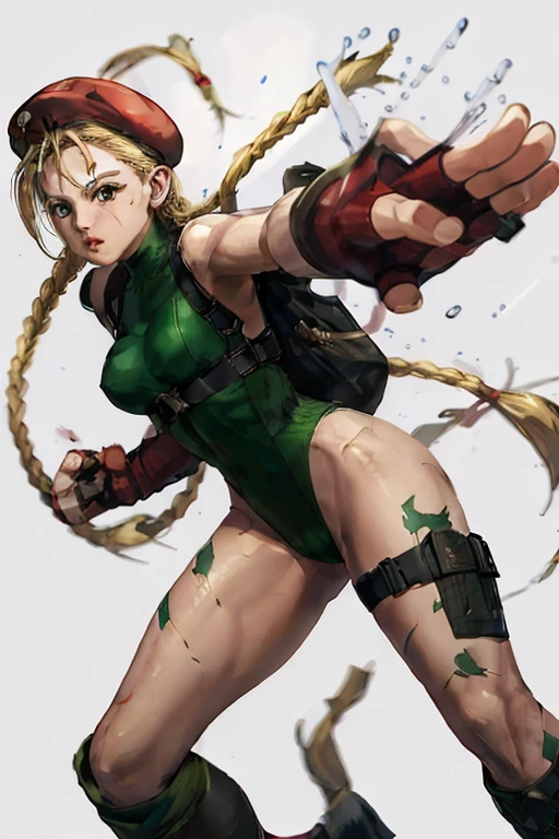 Cammy has a matching hat and long boots too, and retaining his characteristic combat gauntlets. She appears to be at least still wearing her thong leotard under her jacket, while his legs are still painted with camouflage stripes.