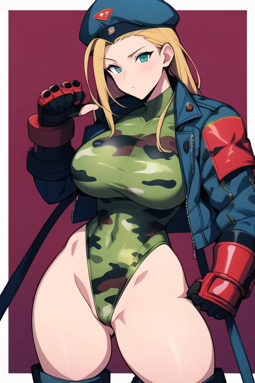 Busty big Cammy has a matching hat and long boots too, and retaining his characteristic combat gauntlets. She appears to be at least still wearing her thong leotard under her jacket, while his legs are still painted with camouflage stripes.