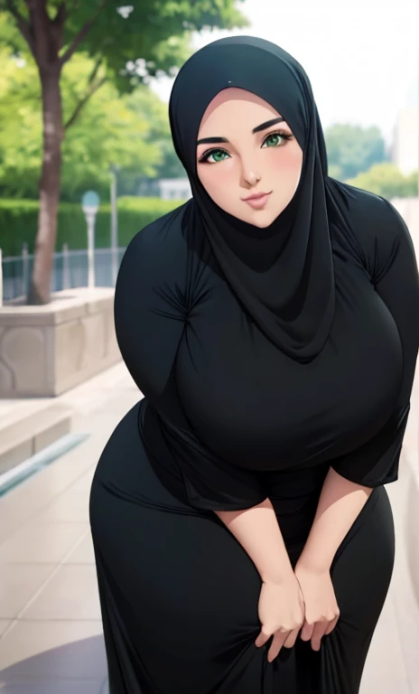 standing, solo, 1girl, mature female, hijab, green eyes, short girl, long hijab, full hijab, fat girl, fat body, beautiful face, cute face, sideboob, large breasts, thigh legs, areola slip, cleavage, leaning forward, huge breasts, curvy, fat, arms down, looking at viewer, blush, parted lips, light smile, long black hair, black colour hair,