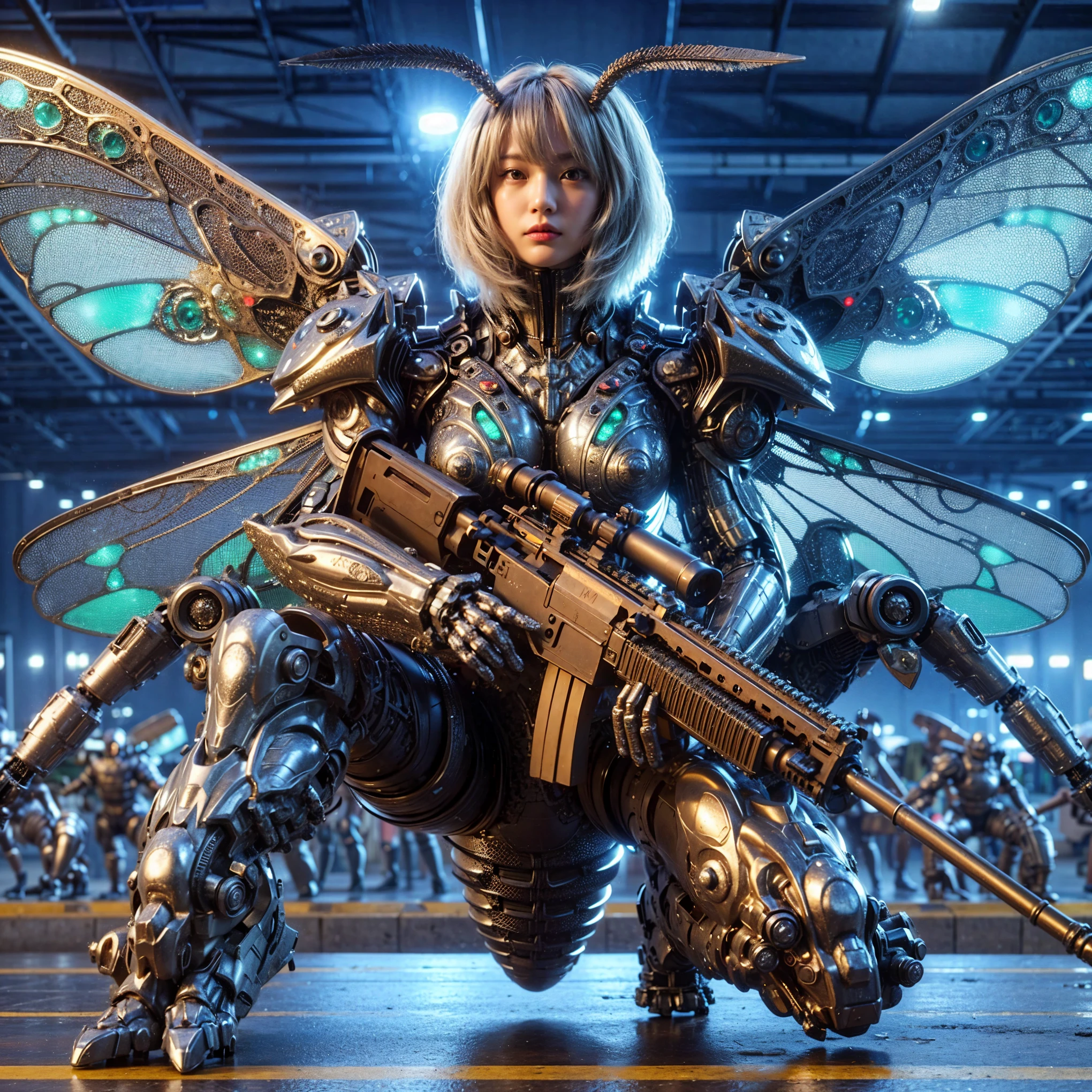 (extremely intricate all details)、(extremely realistic all Texture) 、glossy Texture、Navy blue heavy mechanical armor resembling a pillbug, designed by Hajime Katoki、1 person、Beautiful female soldier、Multi-legged、Heavyweight、Heavy Armor、Firearms、Ultra-realistic、Full Body Shot、Night view of the bayside industrial area、Spotlight lighting to illuminate characters、Please generate at least 4 copies.