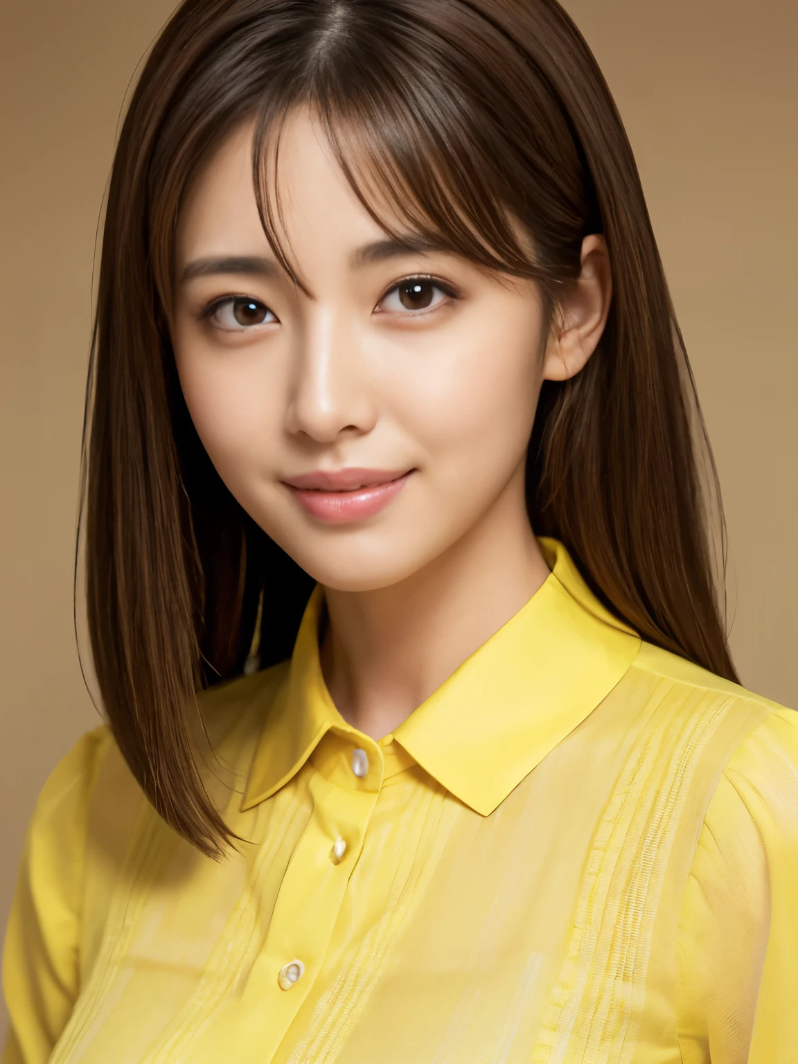 (Raw photo), (Photo realistic), (masterpiece), (highest quality), High resolution, 8K resolution, (Intricate details), (Volumetric Light), Portraiture, woman, Age 35, Medium Hair, Straight Hair, Layered Hair, Brown haired, Highly detailed eyes, Source Order, Very fine eyebrows, Highly detailed skin, Highly detailed mouth, Highly detailed nose, Cute like an idol, Smile, ((Thick lips)), ((Look at the viewers)), (See-through yellow collared dress shirt), (Bodies facing random directions),