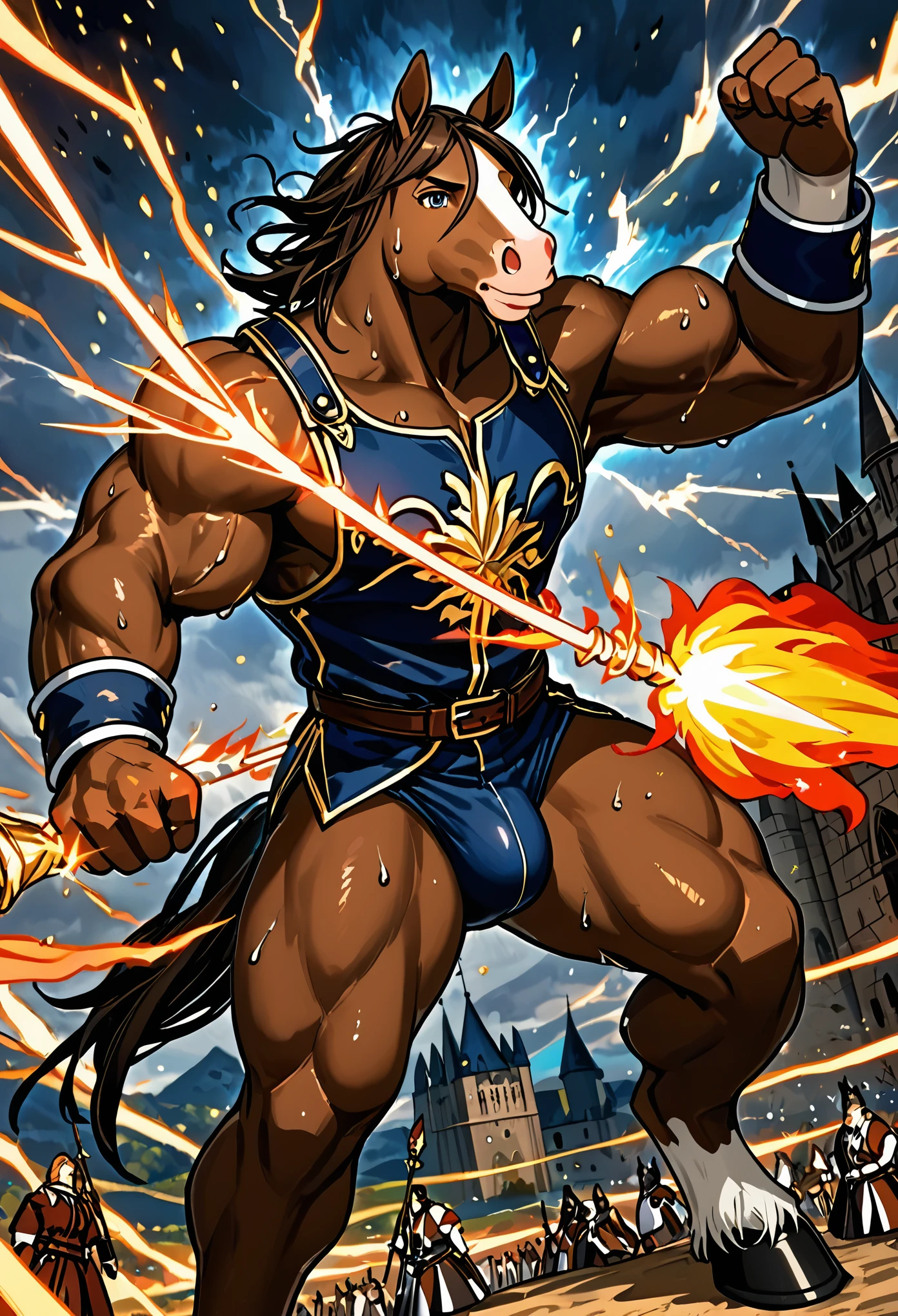 top quality, high-quality illustrations, the beautiful depiction of light seen in Vermeer's works, the intricate portrayal of muscles found in Michelangelo's works, Landscapes inspired by biblical themes depicted by Leonardo da Vinci, masterpiece, dark fantasy, castle, gatekeeper, absurdres, Perfect Anatomy((kemono, beastman, solo focus, bulge in the crotch))(Anthro:1.7)((horse facial features, horse body features))(detailed muscles))full body(Fighting Pose) Armor, Spear, Medieval Warrior, (dense sweat:1.4), casting lightning, electricity, swirling fire, radiating power, sparks, smoke, magic, ((dramatic)), epic, battlefield, depth of field, bokeh, 4k, gothic, ember, particles,