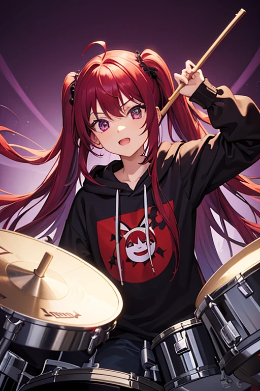 Through the background, Long Hair、 Straight hair、 Crimson haired girl, Purple eyes、super high quality, 8k、Upper Body、 Purple Background、 drummer、 Black hoodie、 Purple Drums、 big , Crimson redhead girl、 Black hoodie、 Playing the drums, drumstick, Playing the drums, Twin tails, Five Fingers