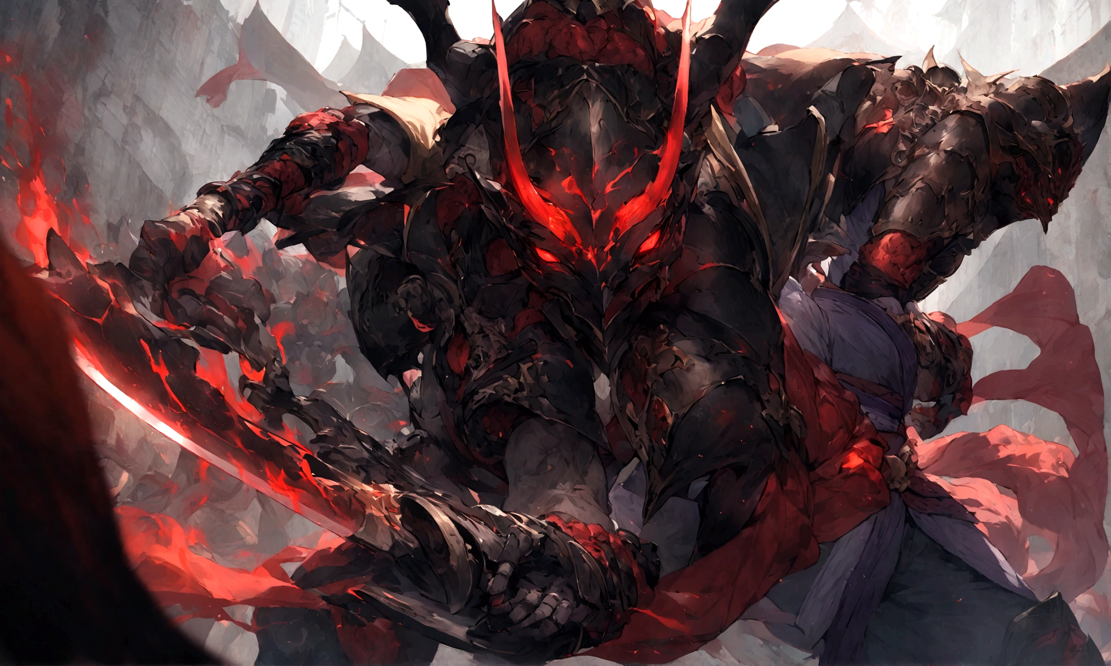 Demons with red glowing eyes,Wear ancient Japanese shogun armor,The helmet stands in a combat stance,Prepare to pull out the blade