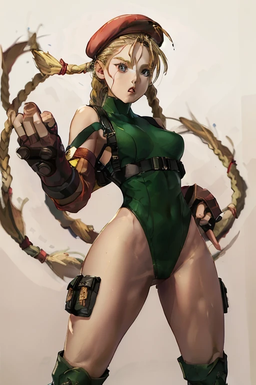 Cammy has a matching hat and long boots too, and retaining his characteristic combat gauntlets. She appears to be at least still wearing her thong leotard under her jacket, while his legs are still painted with camouflage stripes.