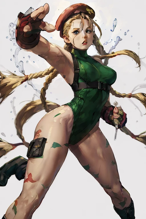 Cammy has a matching hat and long boots too, and retaining his characteristic combat gauntlets. She appears to be at least still wearing her thong leotard under her jacket, while his legs are still painted with camouflage stripes.