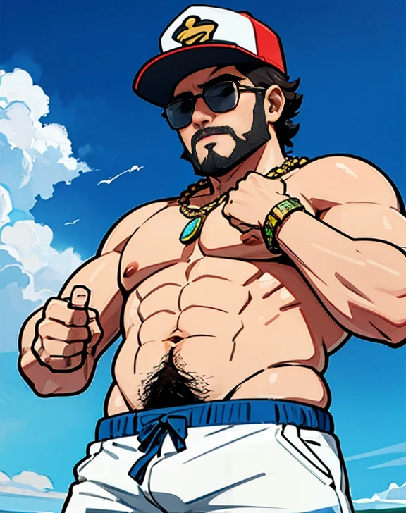 1 chubby man with falando ao Celular , gesturing with hands, conversando com o expectador, ((guarda -vidas )). fotografia de Corpo completo imagem de corpo inteiro, he is a beach lifeguard he works on a jetsky rescuing drowning people from the sea. He has a cap, he has a hat, He wears prescription glasses, he wears sunglasses, ele tem barba curta, ele tem barba enorme, he is stroking his  looking at the viewer. Ele tem anos, idoso, cabelo grisalho, barba grisalho. He wears a digital watch on his wrist, He wears several Nordic bracelets on his wrist., he wears a gold chain around his neck. Ele usa pulseiras de prata no pulso. Corpo de homem urso papai americano, he is taking off his shorts he is taking off his  with his hands for the viewer to see. View from below near the groin