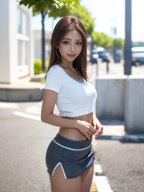 Close-up of a woman wearing a short skirt taking a photo, White top, Tight shirt, wearing Tight shirt, wearing Crop top, Sports bra and shirt, セクシーなCrop topを着て, Crop top, wear tight, simple clothes, Wearing crop topss, Wearing crop tops, Crop top, Upper body close-up, Half body cropping, White T-shirt