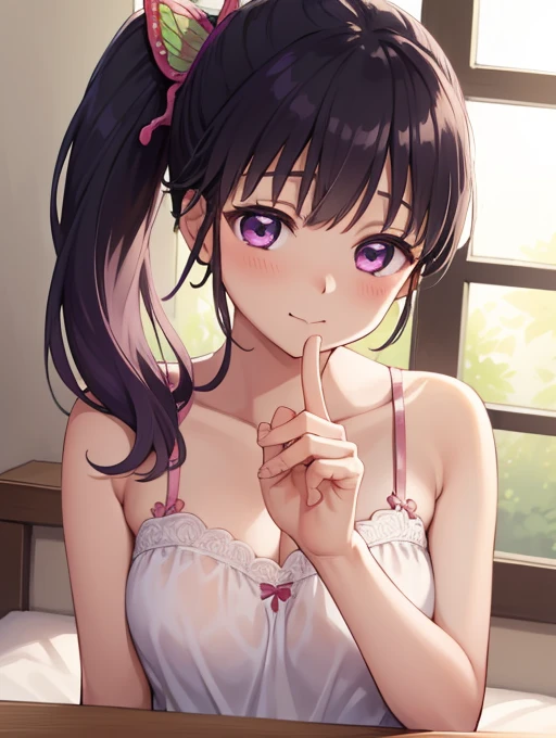 Kanaotsu Yuri, kanao tsuyuri, Black Hair, butterfly, butterfly hair ornament, (Purple eyes:1.1), Side ponytail, ponytail, smile、blush、、My mouth is empty、Sit on the bed、
Cute pink bra、Cute pink panties、Full Body Shot、
break looking at viewer,
Indoor rest, Shabby room,
break (Tabletop:1.2), highest quality, High resolution, unity 8k wallpaper, (figure:0.8), (Beautiful fine details:1.6), Highly detailed face, Perfect lighting, Highly detailed CG, (Perfect hands, Perfect Anatomy),