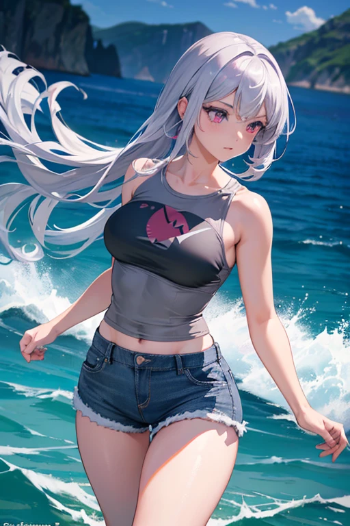 a beautiful anime girl, ash grey hair, magically colored magenta eyes, shark tail, shark dorsal fin, detailed face, (best quality,4k,8k,highres,masterpiece:1.2),ultra-detailed,(realistic,photorealistic,photo-realistic:1.37),hyper realistic, professional quality, vibrant colors, dramatic lighting, fantasy landscape, cinematic composition, underwater, black shirt, jean shorts, dark ashen grey skin, water element