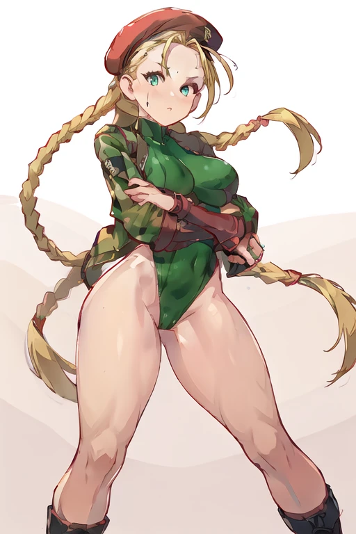 Busty big Cammy has a matching hat and long boots too, and retaining his characteristic combat gauntlets. She appears to be at least still wearing her thong leotard under her jacket, while his legs are still painted with camouflage stripes.