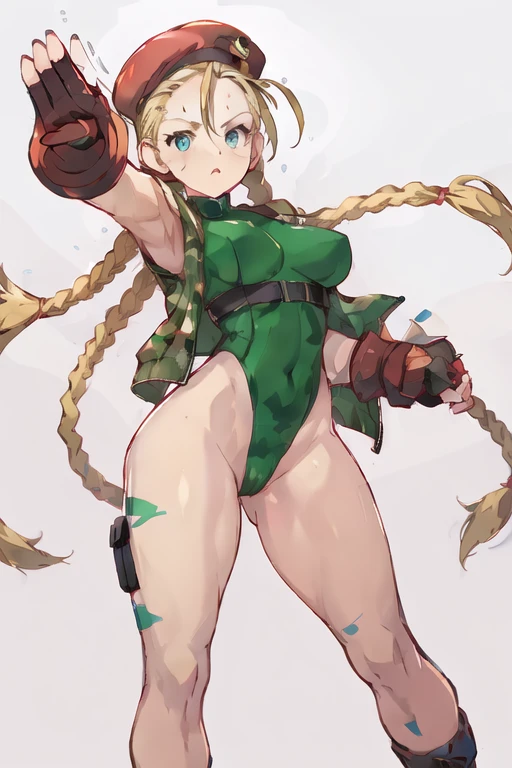 Busty big Cammy has a matching hat and long boots too, and retaining his characteristic combat gauntlets. She appears to be at least still wearing her thong leotard under her jacket, while his legs are still painted with camouflage stripes.