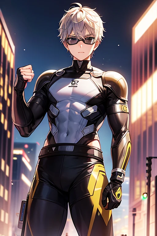 one man,smart robot,Undercut hair,Wear cyber armor on the chest and elbows.,Wear Muay Thai shorts with a cool design.,Put cyber armor on your shins.,Wear cyber steel gloves with a lion design.,Thai pattern pattern,Wear high-tech design cyber glasses.,He was attacking monsters with his fists.,in the city,one punch man cartoon lines