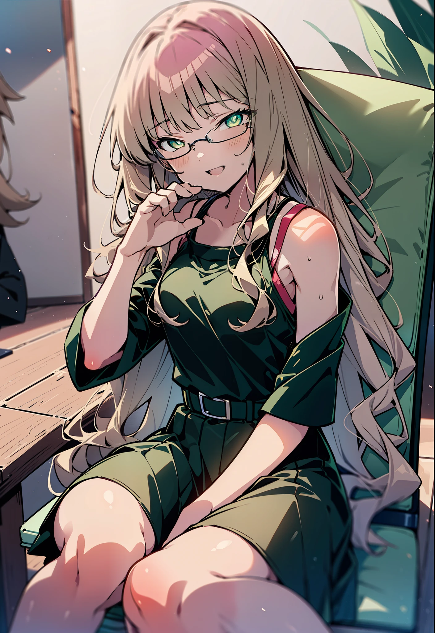 minami yume ,sss Dynazenon ,Long Hair, Brown Hair, (Green Eyes:1.5) ,Center of chest,hair band,happy smile, smile, Open your mouth, Black-rimmed glasses, Black dress,Short sleeve,Black long skirt,Stiletto heels,sitting cross-legged on a chair,Daytime,Clear skies,whole bodyがイラストに入るように,There is a computer on the table,
break looking at viewer, whole body(Cowboy Shot:1. 5)
break indoors, office,
break (masterpiece:1.2), highest quality, High resolution, unity 8k wallpaper, (shape:0.8), (Beautiful and beautiful eyes:1.6), Highly detailed face, Perfect lighting, Highly detailed CG, (Perfect hands, Perfect Anatomy),