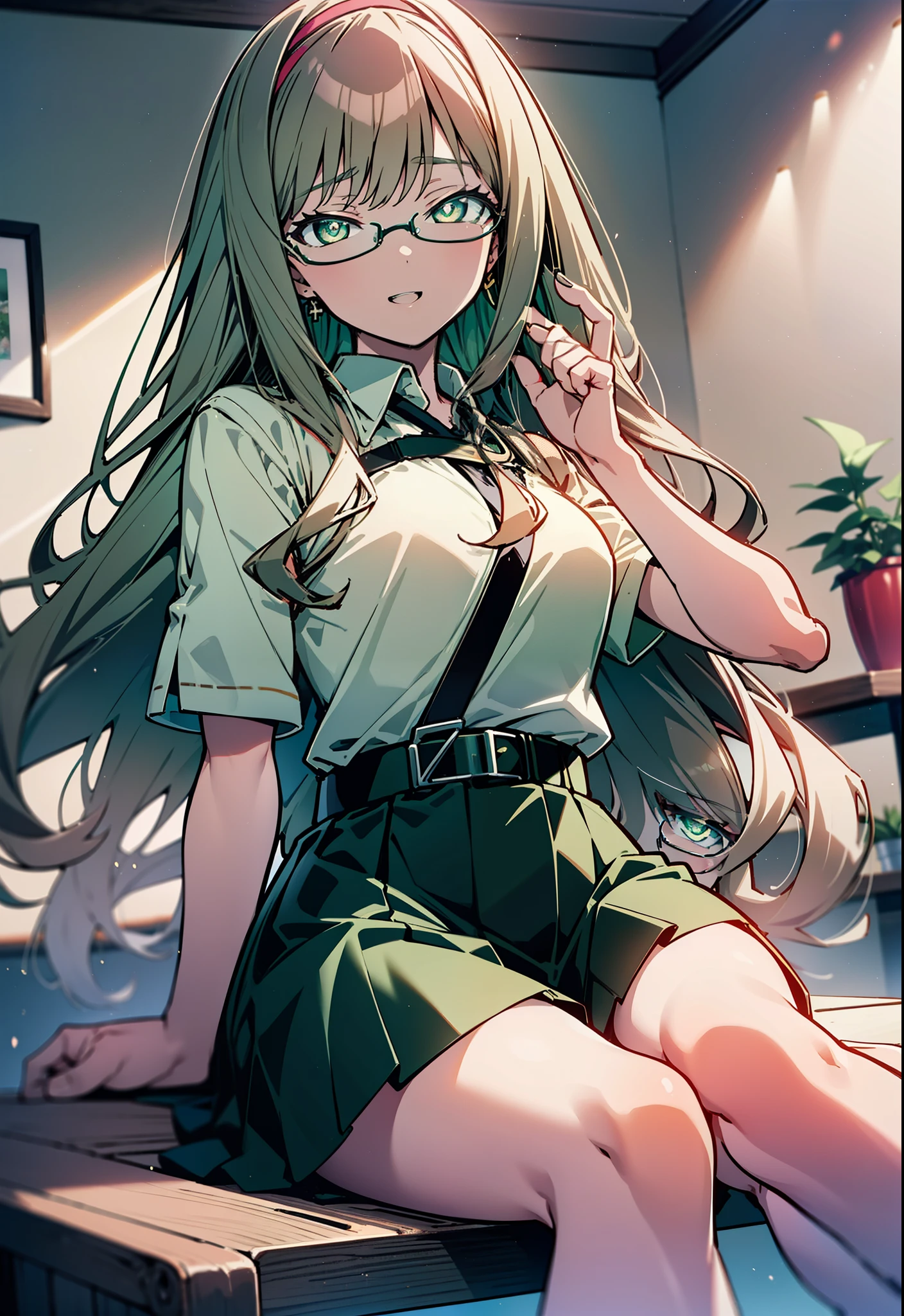 minami yume ,sss Dynazenon ,Long Hair, Brown Hair, (Green Eyes:1.5) ,Center of chest,hair band,happy smile, smile, Open your mouth, Black-rimmed glasses, Black dress,Short sleeve,Black long skirt,Stiletto heels,sitting cross-legged on a chair,Daytime,Clear skies,whole bodyがイラストに入るように,There is a computer on the table,
break looking at viewer, whole body(Cowboy Shot:1. 5)
break indoors, office,
break (masterpiece:1.2), highest quality, High resolution, unity 8k wallpaper, (shape:0.8), (Beautiful and beautiful eyes:1.6), Highly detailed face, Perfect lighting, Highly detailed CG, (Perfect hands, Perfect Anatomy),