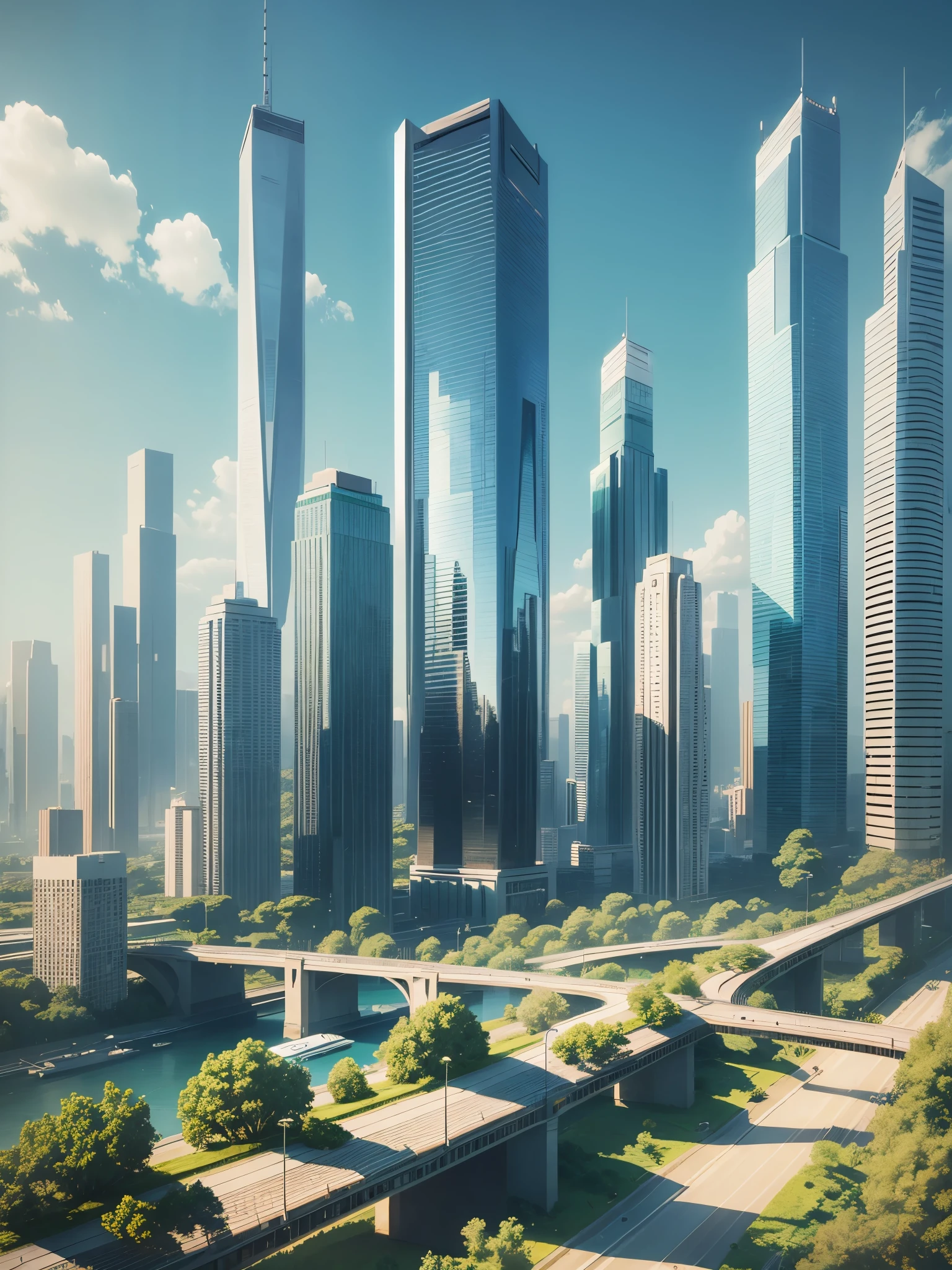 A green future city landscape, Glass and silver buildings connected by sky bridges