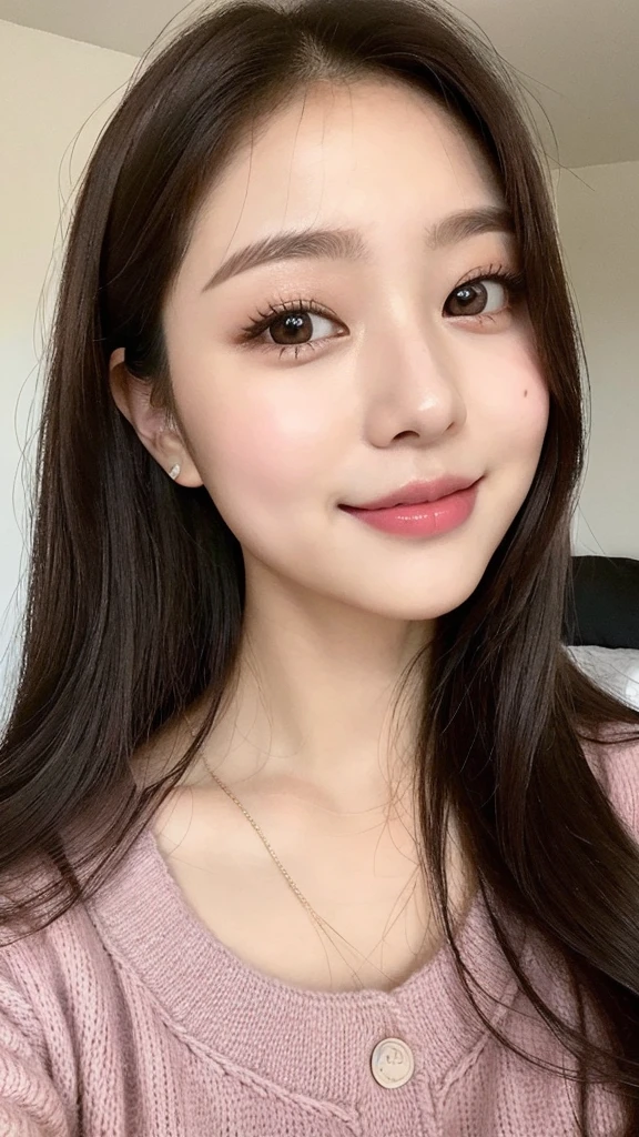 Close-up of a woman with a round face and a really lovely innocent smile wearing a pink sweater posing for a photo, a beautiful young Korean woman, a selfie 8k, a beautiful Korean woman, a beautiful Korean young woman, a beautiful Korean woman, an attractive neck, a cute Korean actress, a lovely young Korean face, a Korean girl, a kind young girl, a tzuyu from twice, a 22-year-old girl, a lovely woman