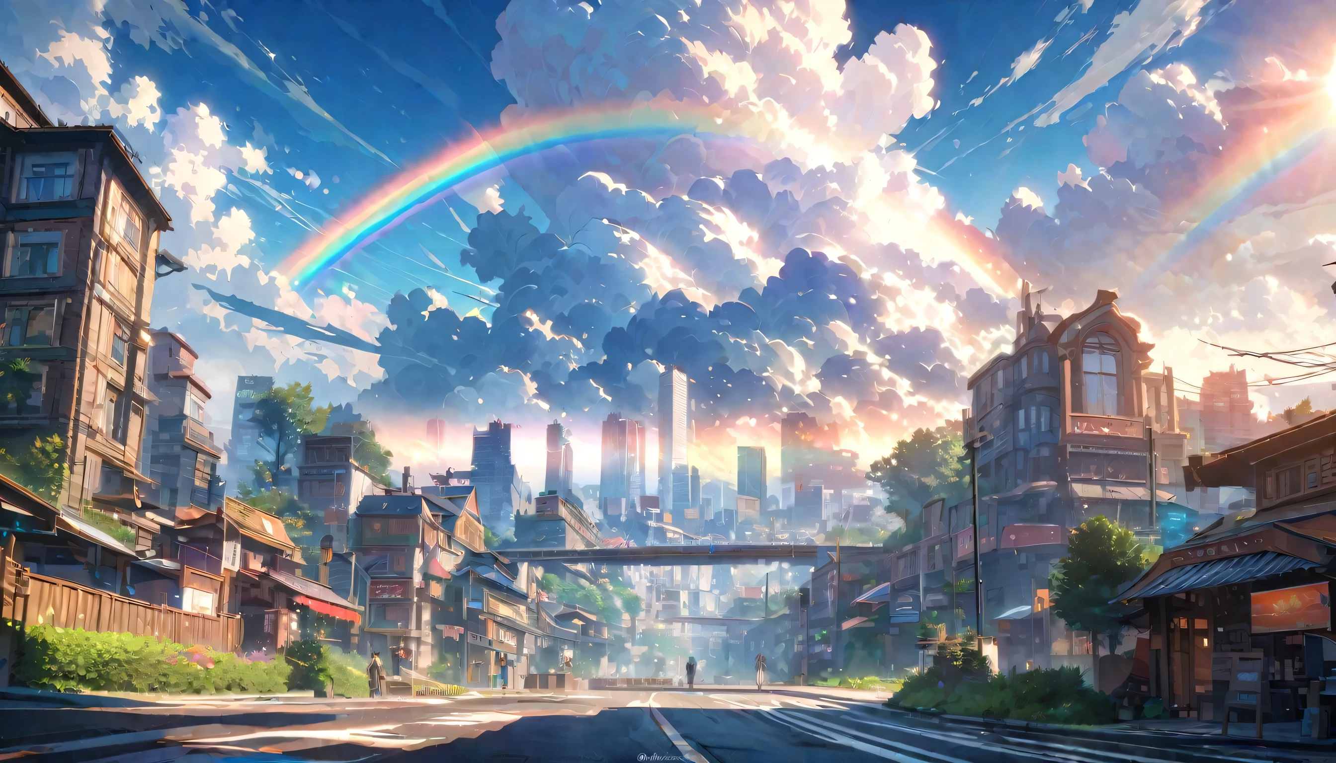 anime aesthetics, anime landscape, city street view, clear sky with few clouds, full sunlight, hopeful atmosphere, no rain, dynamic scene, landscape scenery, beautiful weather, minimal clouds, bright blue sky, rainbow forming, storm gone, clear skies, vibrant rainbow, sunny and bright, beautiful skies, light clouds, cityscape with rainbow, wide shot, high quality, highres, best quality, award winning, super detail, masterpiece, 8k, 16k