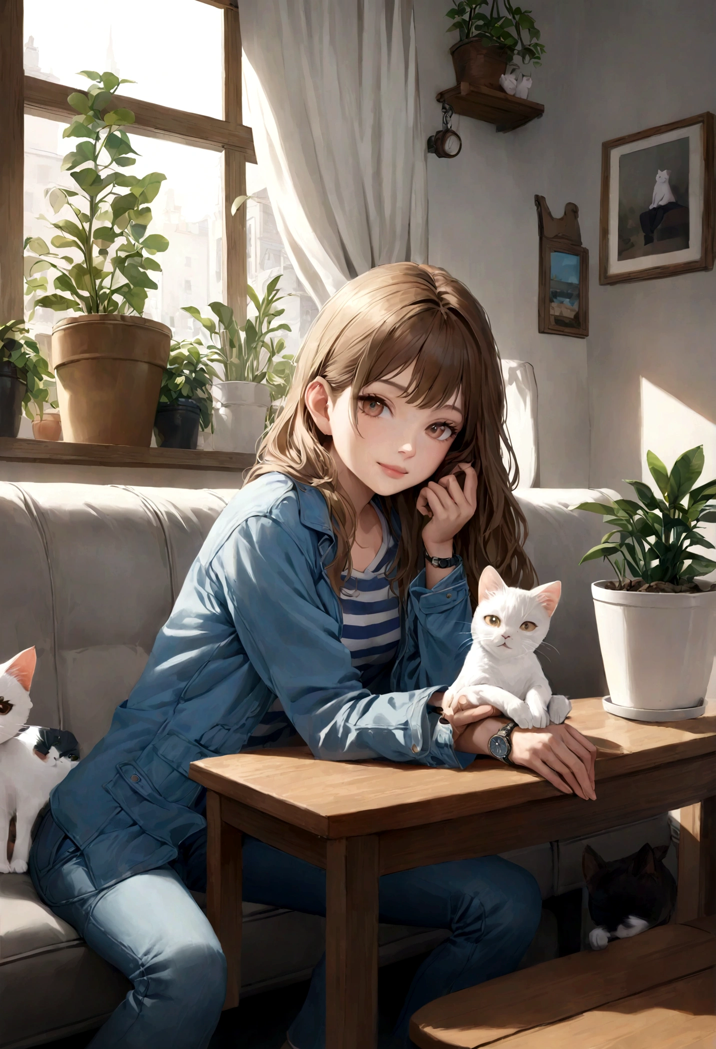 1 chibi girl and 1 chibi boy, cat, brown_hair, denim, white_cat, shirt, smile, sitting, looking_at_viewer, long_hair, holding, animal, indoors, watch, pants, white_shirt, potted_plant, holding_animal, plant, realistic, couch, jeans, window, jacket, blue_jacket, brown_eyes, shorts, table, curtains, long_sleeves, holding_cat, striped_shirt