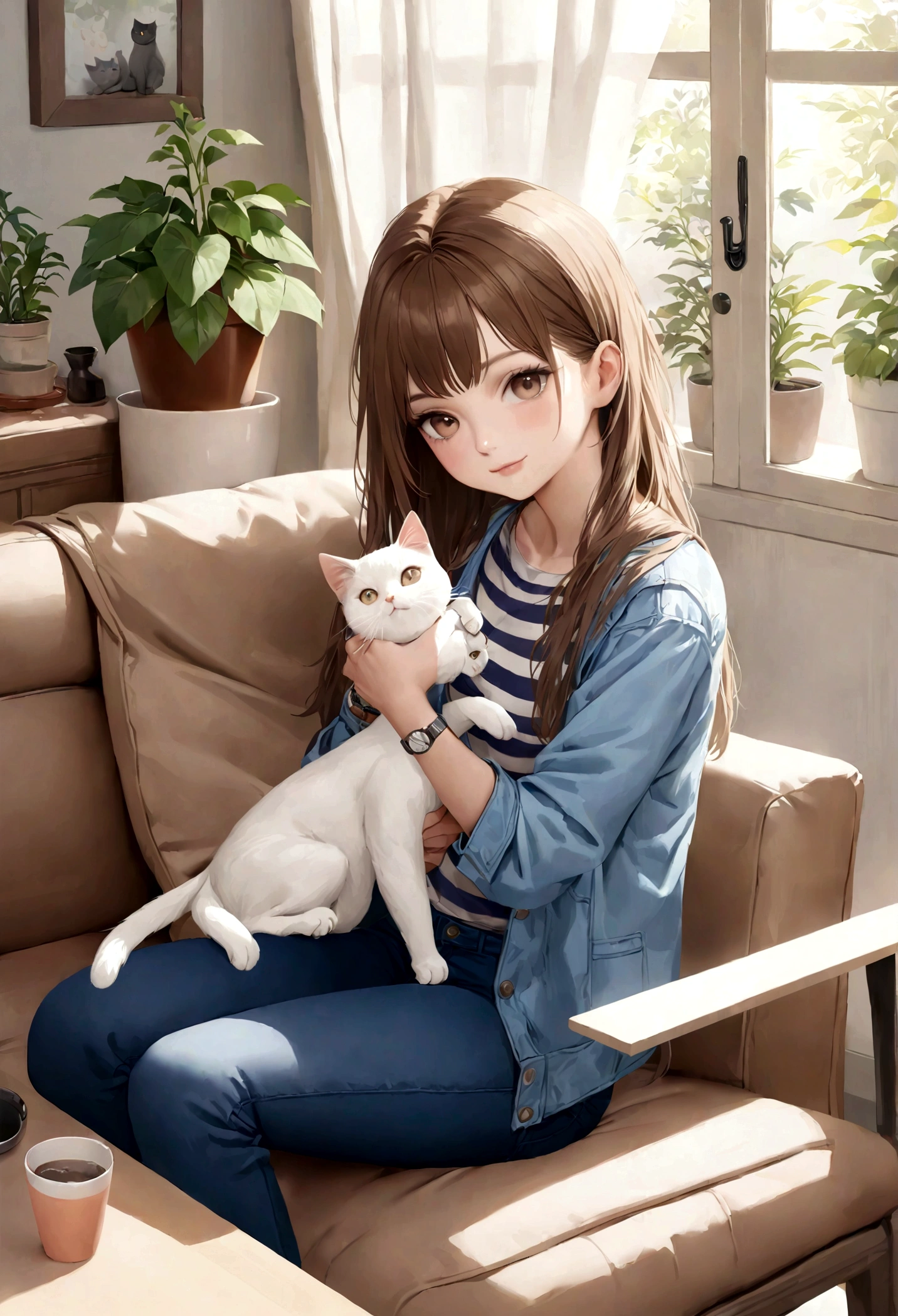 1 chibi girl and 1 chibi boy, cat, brown_hair, denim, white_cat, shirt, smile, sitting, looking_at_viewer, long_hair, holding, animal, indoors, watch, pants, white_shirt, potted_plant, holding_animal, plant, realistic, couch, jeans, window, jacket, blue_jacket, brown_eyes, shorts, table, curtains, long_sleeves, holding_cat, striped_shirt
