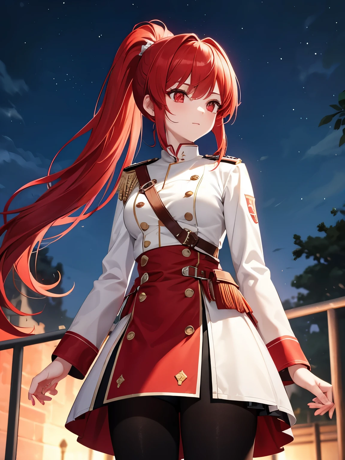 1girl,red hair,ponytail,white army uniform, standing in the park, night, red eyes, Ultra detail, Ultra HD, masterpiece