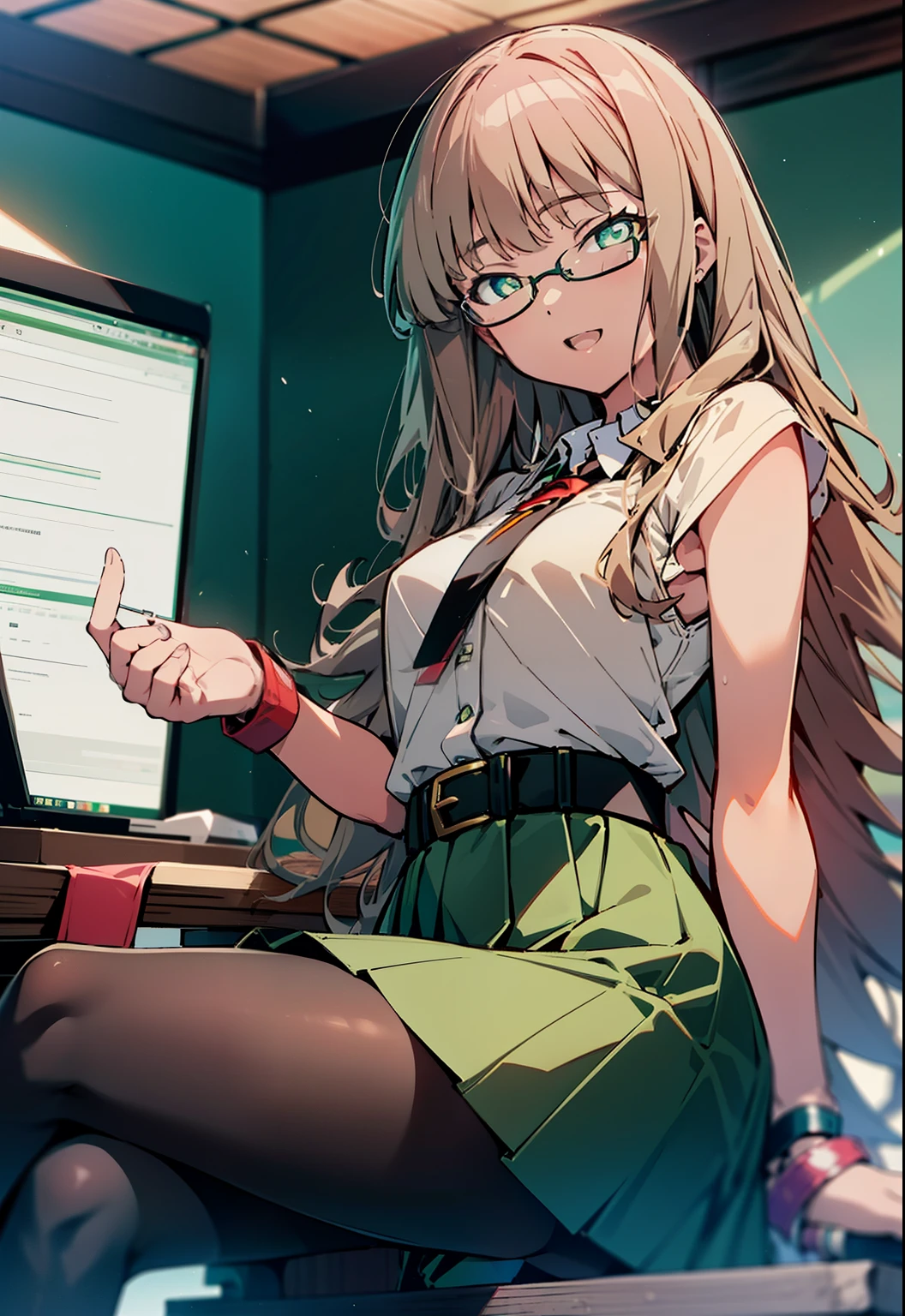 minami yume ,sss Dynazenon ,Long Hair, Brown Hair, (Green Eyes:1.5) ,Center of chest,hair band,happy smile, smile, Open your mouth, Black-rimmed glasses, Black dress,Short sleeve,Black long skirt,Stiletto heels,sitting cross-legged on a chair,Daytime,Clear skies,whole bodyがイラストに入るように,There is a computer on the table,
break looking at viewer, whole body(Cowboy Shot:1. 5)
break indoors, office,
break (masterpiece:1.2), highest quality, High resolution, unity 8k wallpaper, (shape:0.8), (Beautiful and beautiful eyes:1.6), Highly detailed face, Perfect lighting, Highly detailed CG, (Perfect hands, Perfect Anatomy),
