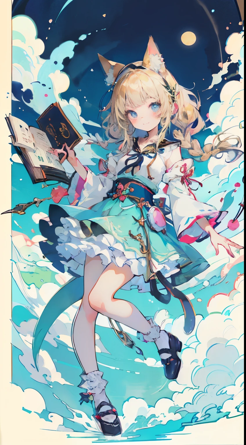 ((Tabletop, highest quality: 1.1), ((Anime girl in a blue dress holding a magic wand)), メイド服を着たアニメのCat girl, , ((Blonde))、Long-haired、Very Beautiful Anime Cat girl, アニメCat girl, ((White knee-high socks)), 魅力的なCat girl, Inspired by Leiko Ikemura, Takano Aya color style, in ryuuou no oshigoto art style, Cat girl, Favorite character, rei hiroe、With a smile