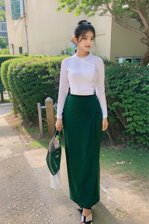 A school teacher is 30years old.Tall, thin, big hips, big breasts, black hair, small lips, brown eyes, attractive, K.Top=white Burmese blouse,With long sleeves,Buttoned at the side.Bottom=(Dark green) long skirt.
Footwear=female Burmese sandals,The hair is knotted bun.