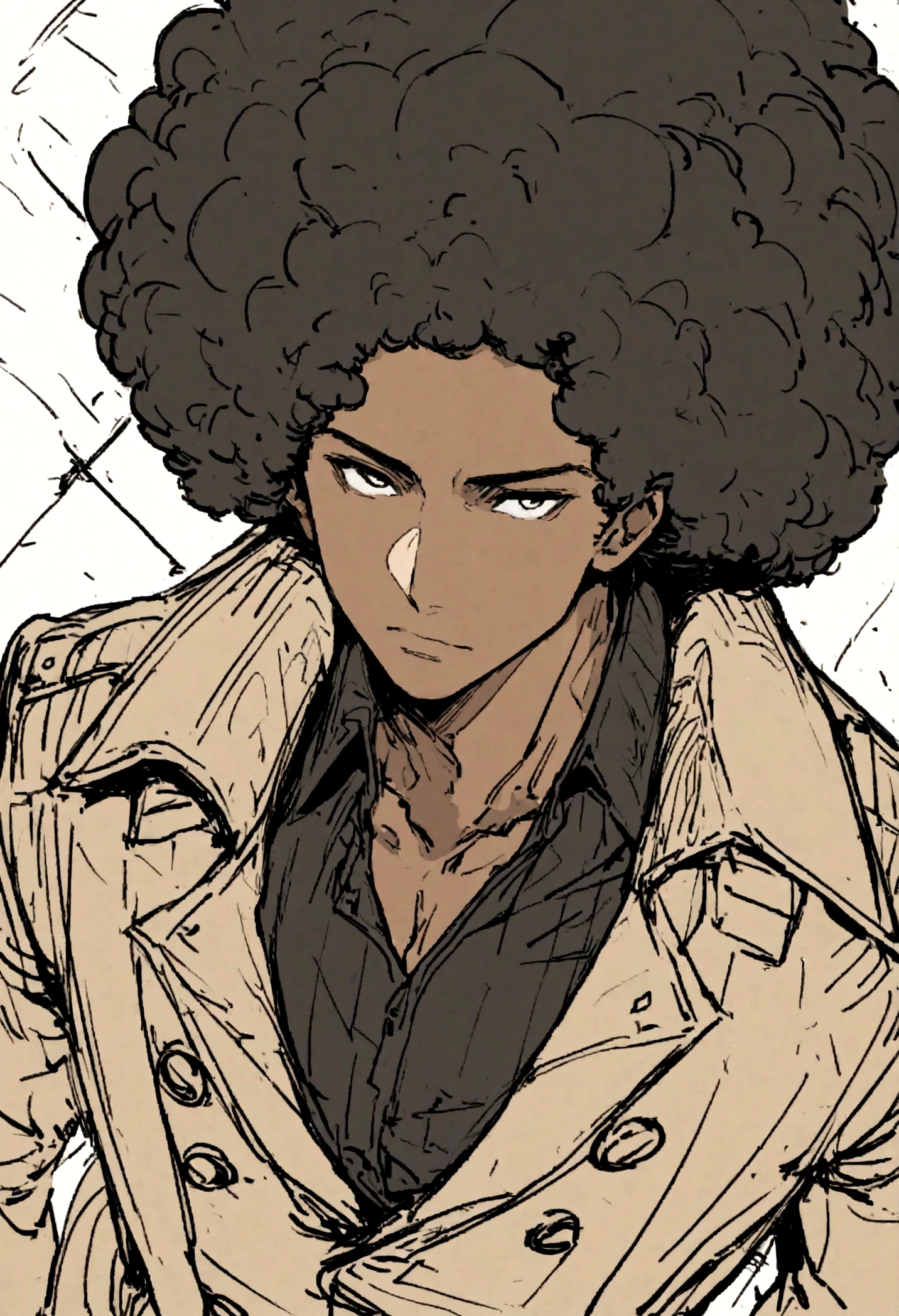 1 boy, above perspective, dark skin, curly afro, 4c hair texture, sketch style, in trench coat