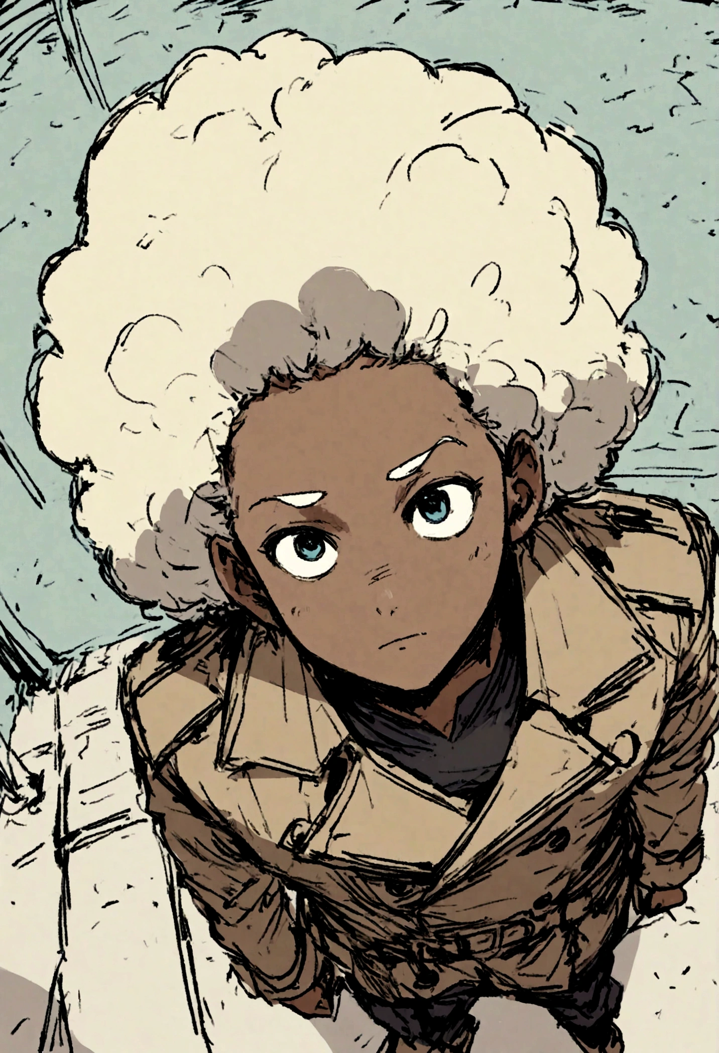 1 boy, above perspective, dark skin, curly afro, 4c hair texture, sketch style, in trench coat