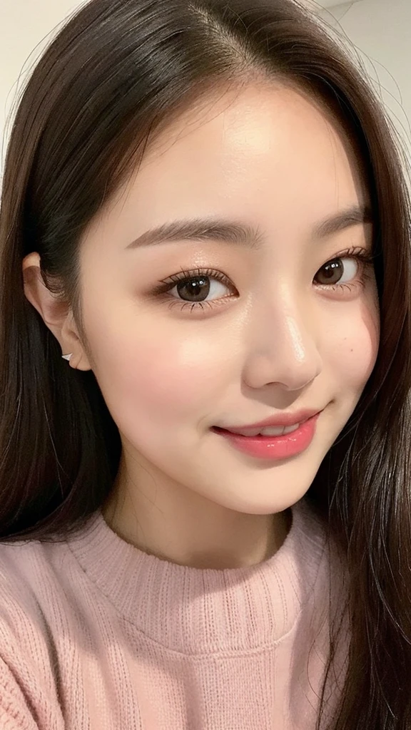 Close-up of a woman with a round face and a really lovely innocent smile wearing a pink sweater posing for a photo, a beautiful young Korean woman, a selfie 8k, a beautiful Korean woman, a beautiful Korean young woman, a beautiful Korean woman, an attractive neck, a cute Korean actress, a lovely young Korean face, a Korean girl, a kind young girl, a tzuyu from twice, a 22-year-old girl, a lovely woman