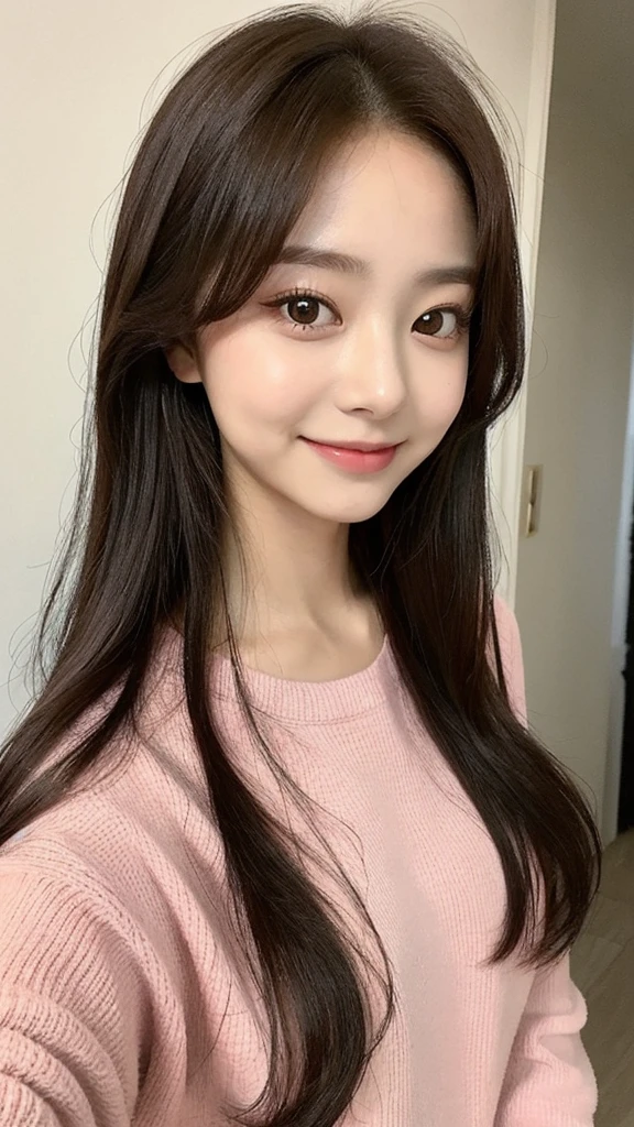 Close-up of a woman with a round face and a really lovely innocent smile wearing a pink sweater posing for a photo, a beautiful young Korean woman, a selfie 8k, a beautiful Korean woman, a beautiful Korean young woman, a beautiful Korean woman, an attractive neck, a cute Korean actress, a lovely young Korean face, a Korean girl, a kind young girl, a tzuyu from twice, a 22-year-old girl, a lovely woman
