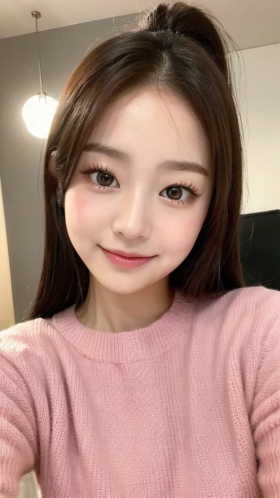 Close-up of a woman with a round face and a really lovely innocent smile wearing a pink sweater posing for a photo, a beautiful young Korean woman, a selfie 8k, a beautiful Korean woman, a beautiful Korean young woman, a beautiful Korean woman, an attractive neck, a cute Korean actress, a lovely young Korean face, a Korean girl, a kind young girl, a tzuyu from twice, a 22-year-old girl, a lovely woman