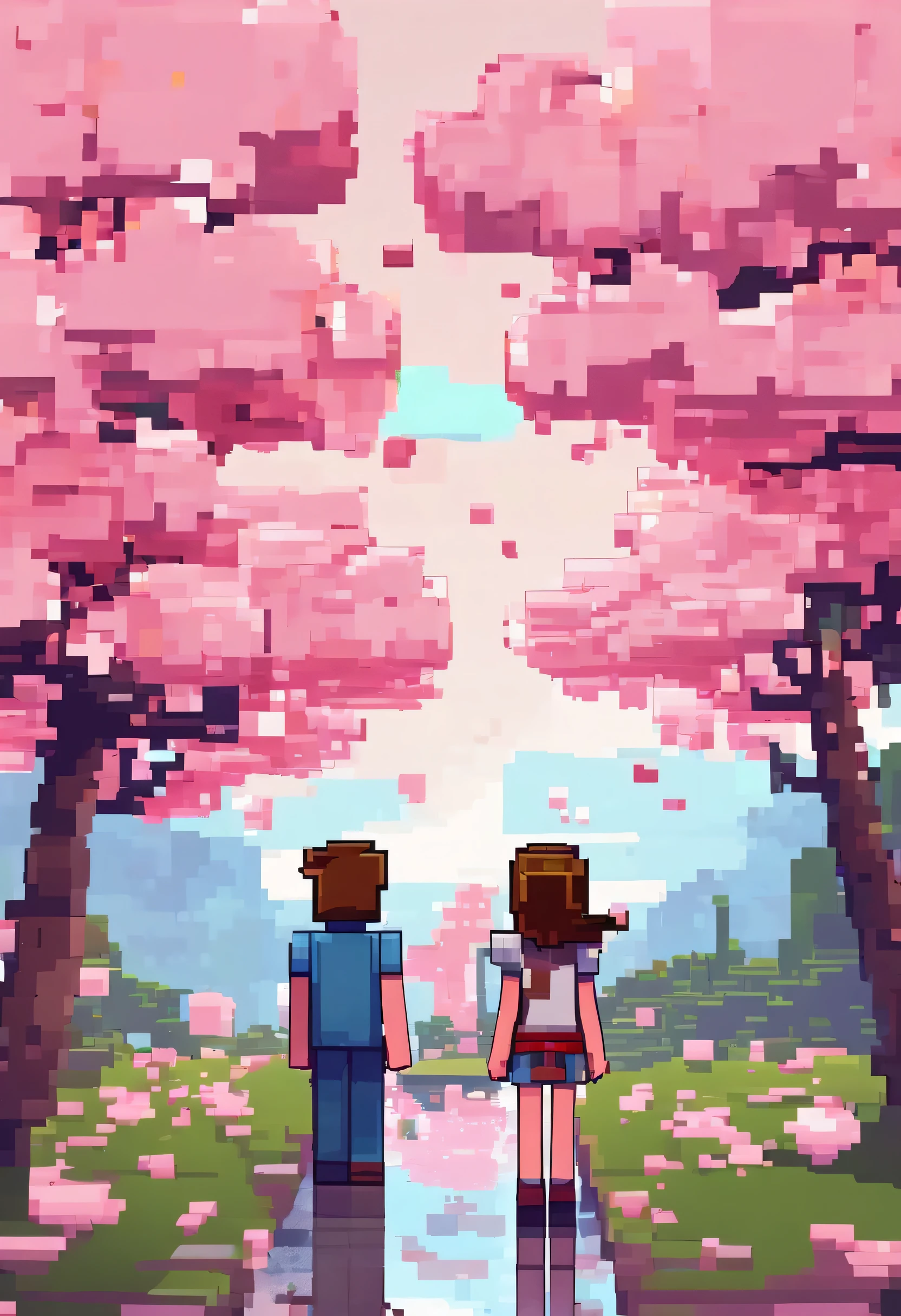 A boy and girl, clouds, rain , cherry blossom tree 