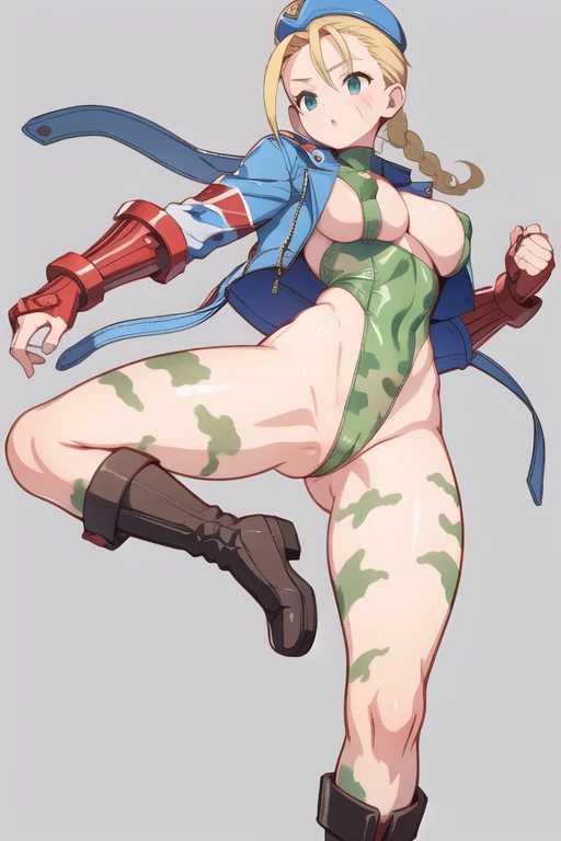 Busty big Cammy has a matching hat and long boots too, and retaining his characteristic combat gauntlets. She appears to be at least still wearing her thong leotard under her jacket, while his legs are still painted with camouflage stripes.