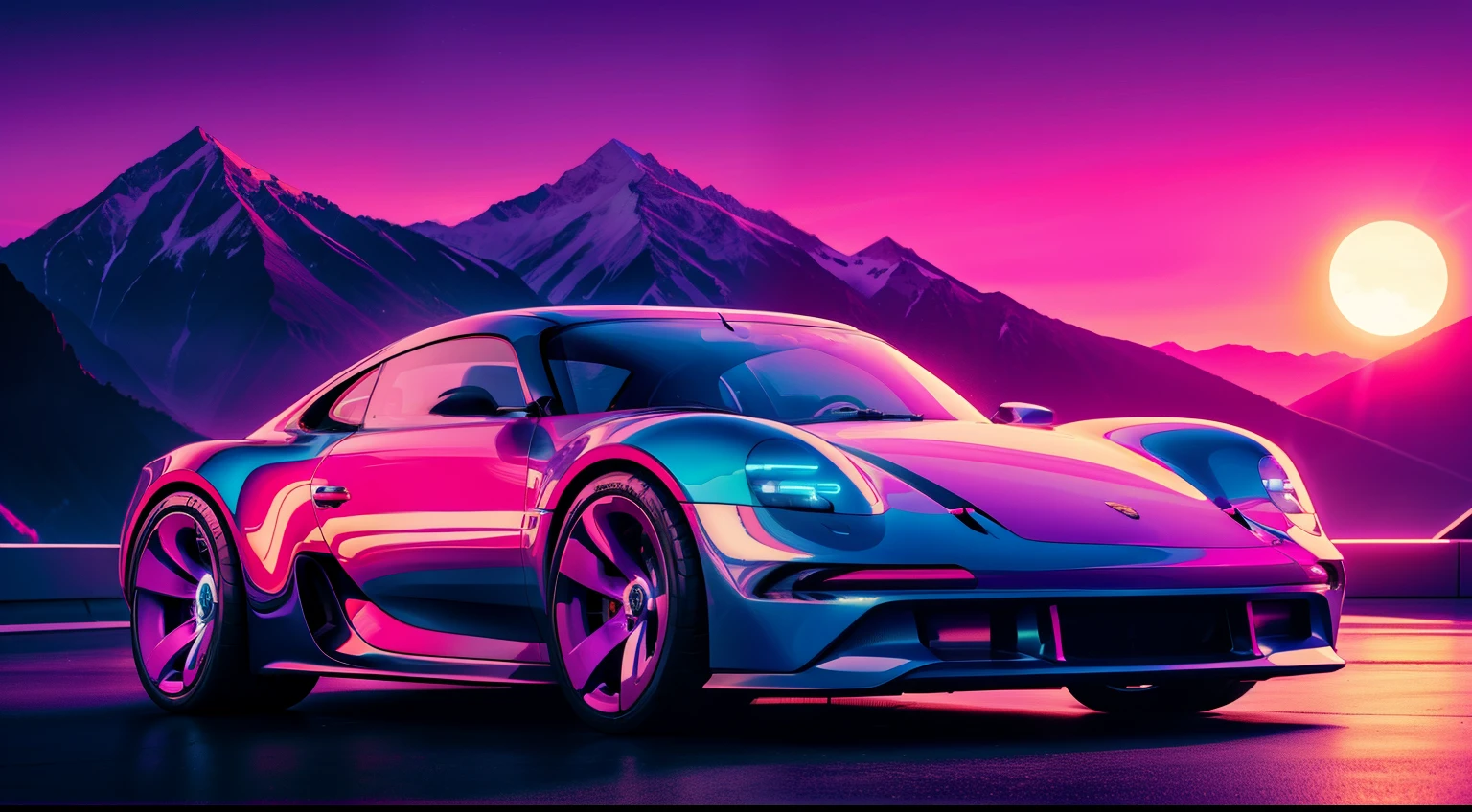 retrowave. City, Porsche concept car, large wheels, slammed, wide body kit, Road, PURPLE NEON MONITOR LIGHT, Sun, Mountain, (Masterpiece, Detailed, A high resolution),