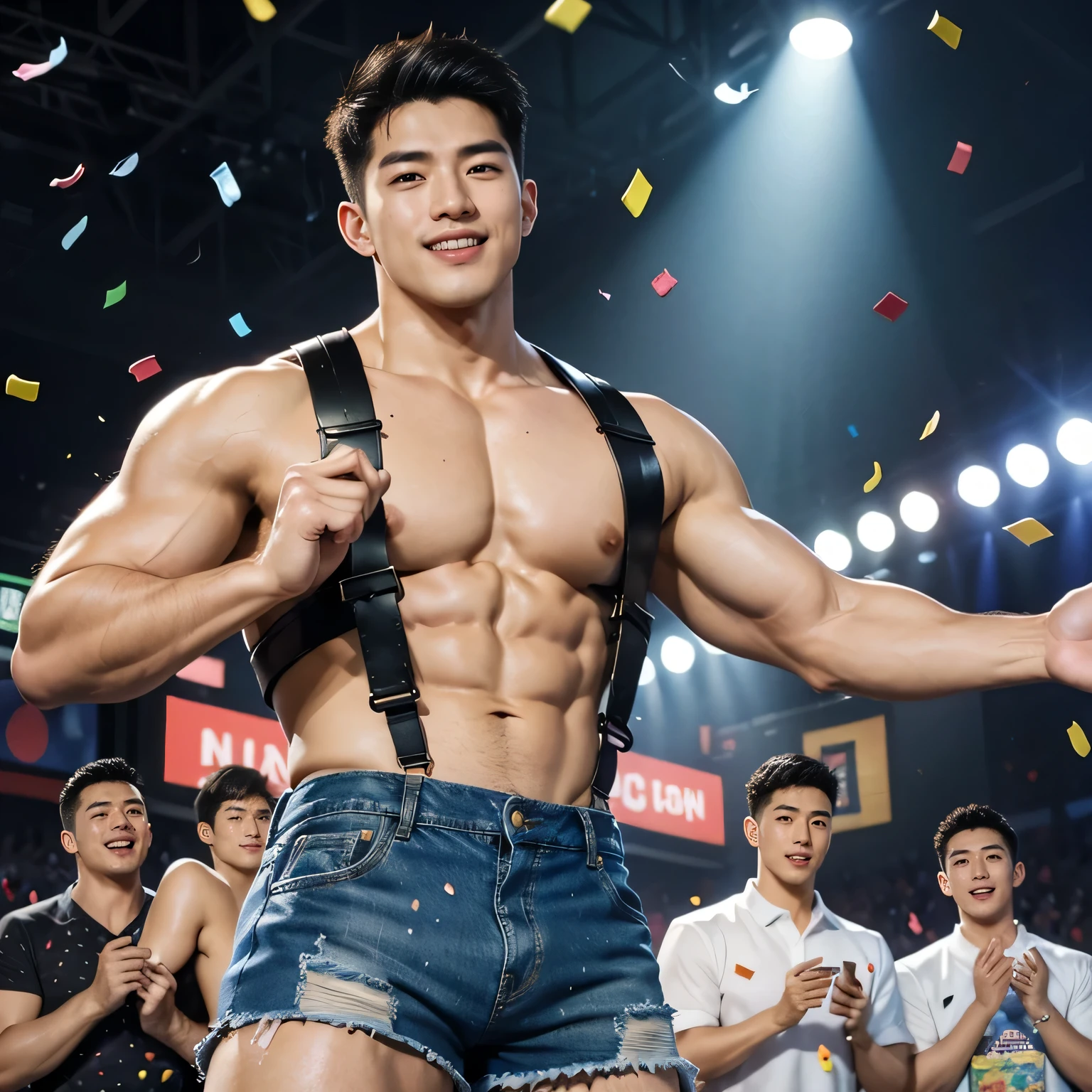 ((best quality)), ((masterpiece)), (detailed), perfect face, extremely handsome korean man, muscular body builder, exposed chest, black leather chest harness, big smile, tiny ripped denim shorts, big bulge, sexy, homoerotic, holding a blank white sign, looking directly at camera, (((confetti in the air))), vibrant colors, dynamic lighting, dynamic shadows,