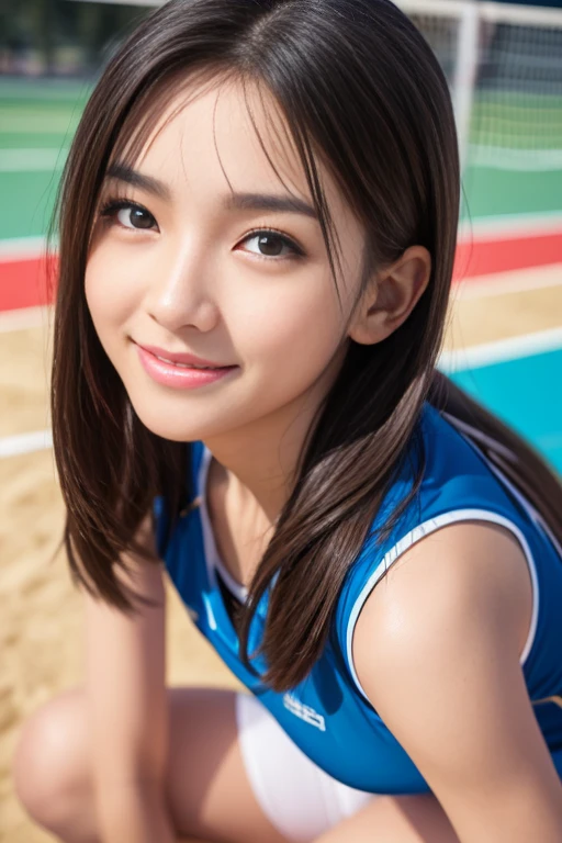 Whole body 1.3,(8k、highest quality、masterpiece:1.2)、(Realistic、Realistic:1.37)、Super detailed、超A high resolution、1 girl、(Beautifully detailed face、Golden ratio face、Balanced Eyes、double eyelid)、Beautiful and detailed skin、Skin Texture、professional、Height of Japanese people 、Elementary school girl、smile、Red volleyball player uniform,Volleyball court、A dynamic pose