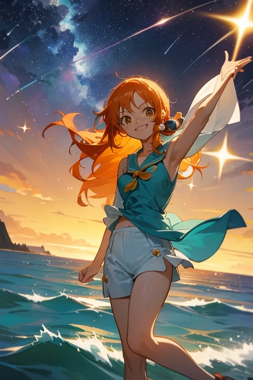 nami, one piece, anime, ocean, stars, shooting stars, smile, orange hair