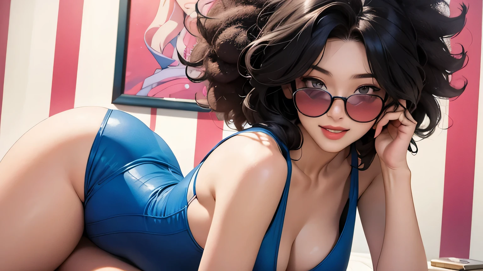 (masterpiece, best quality, 8k wallpaper, high resolution, ultra-realistic), alone, one person, 1970s pop culture anime style,, one girl, 20 years old, Japanese with afro hair (masterpiece:1.2, best quality), (realistic, photorealistic:1.4),"(masterpiece, best quality), afro hair, looking at viewer, wearing sunglasses, swimsuit, cleavage, D cup, sexy pose, dynamic pose, full body, white skin, black hair, looking forward, laughing, psychedelic, 1970s sunglasses,