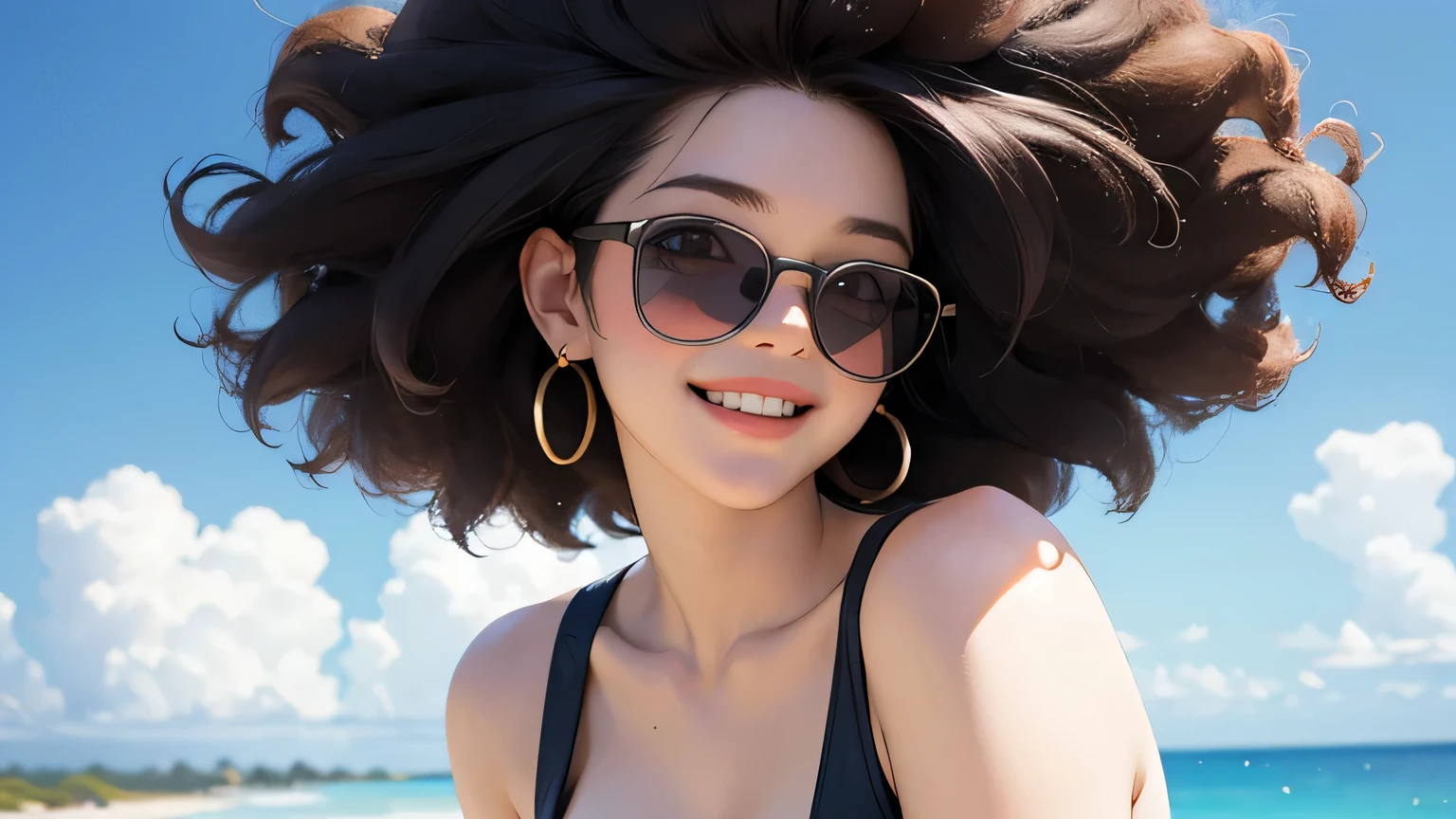 (masterpiece, best quality, 8k wallpaper, high resolution, ultra-realistic), alone, one person, 1970s pop culture anime style,, one girl, 20 years old, Japanese with afro hair (masterpiece:1.2, best quality), (realistic, photorealistic:1.4),"(masterpiece, best quality), afro hair, looking at viewer, wearing sunglasses, swimsuit, cleavage, D cup, sexy pose, dynamic pose, full body, white skin, black hair, looking forward, laughing, psychedelic, 1970s sunglasses,