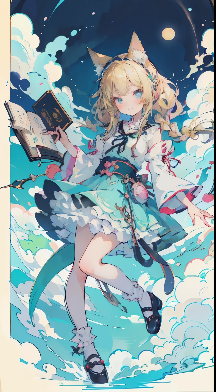 ((Tabletop, highest quality: 1.1), ((Anime girl in a blue dress holding a magic wand)), メイド服を着たアニメのCat girl, , ((Blonde))、Long-haired、Very Beautiful Anime Cat girl, アニメCat girl, ((White knee-high socks)), 魅力的なCat girl, Inspired by Leiko Ikemura, Takano Aya color style, in ryuuou no oshigoto art style, Cat girl, Favorite character, rei hiroe、With a smile
