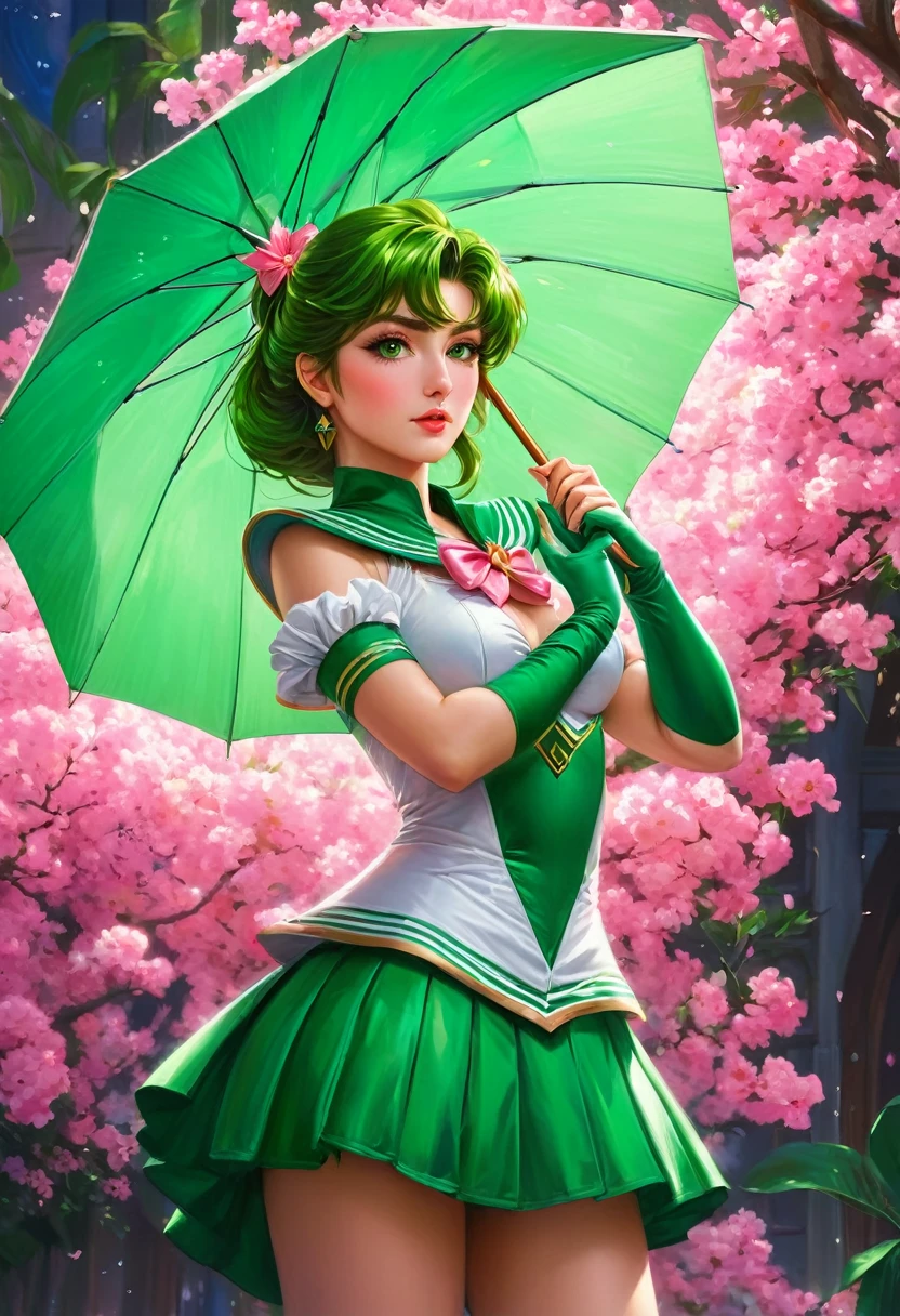 una mujer con una falda verde y un top rosa sosteniendo un paraguas verde, un retrato de personaje inspirado en rossdraws, Tendencias en la sociedad CG, fantasy art, Sailor Jupiter. Hermoso, extremely detailed artistic germ, palutena lady, gama murata y artgerm, germen de arte colorido!!!, estilo ivan talavera y artgerm, german style art
