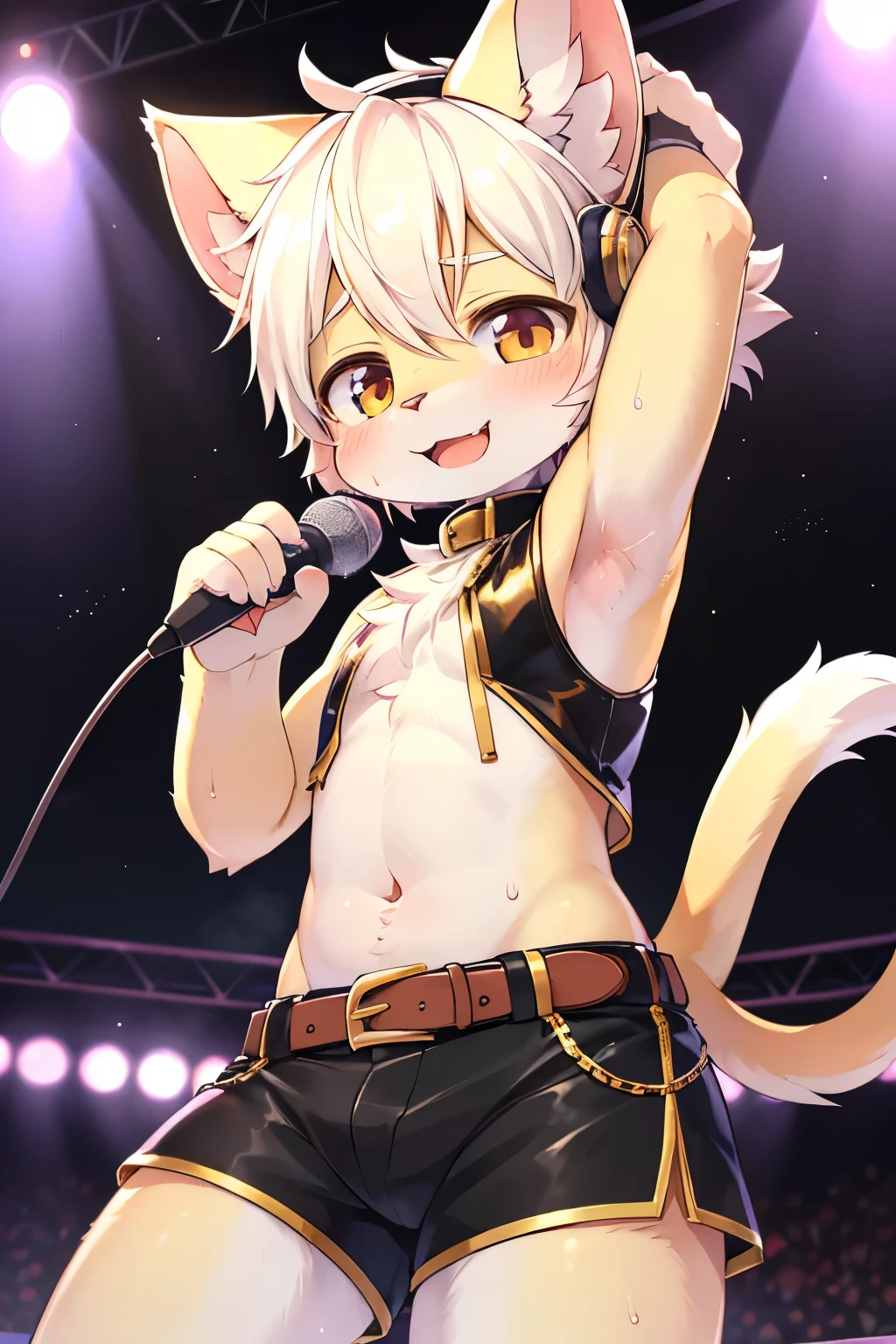 cover_page, highres, top quality, best quality, paid reward available, High-quality illustrations, unparalleled masterpiece, perfect artwork, absurdres, super high resolution, detailed background, Happy, joyful(kemono, furry anthro),kemoshota, kemoshota idol, holding microphone, live performance, tail, on stage, dynamic angle, navel, boys idol costume, boys idol clothing, idol adorns, headset, albino white cub lion kemoshota, pop star, sweat drops, light particle shining, glittered bromide, glittering bromide portrait, cute cat idol boy, glittered background, belt shorts, hightight,